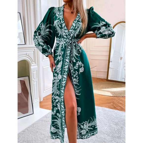 Boho Plants Print V Neck Belted Wrap Dress - Picture 9 of 9